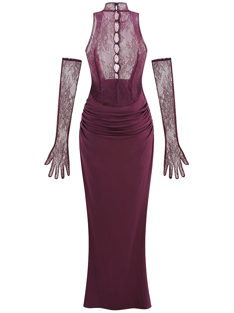 Abendkleid mit Rollkragen und Handschuhen
